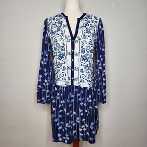 ANTHROPOLOGIE Tiny Semele Navy/White embroidered floral Boho Shirtdress Dress S